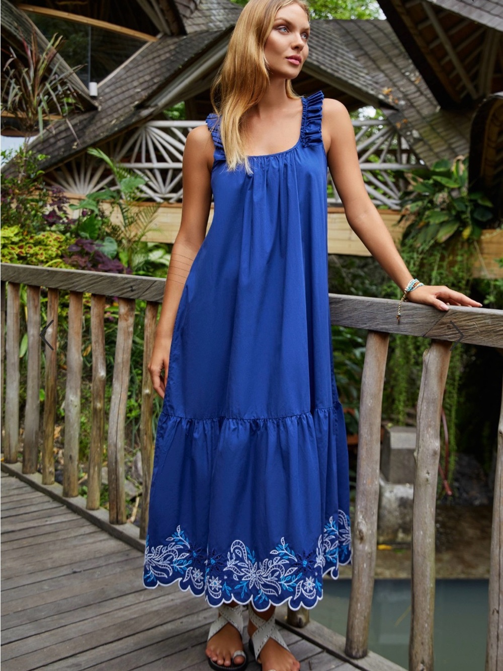 Johnny Was Yoko Eyelet Maxi Dress 100% cotton with pockets - Blue